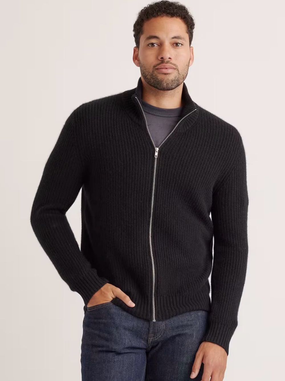 Quince Men's Black Full-Zip 100% Mongolian cashmere Sweater Jacket